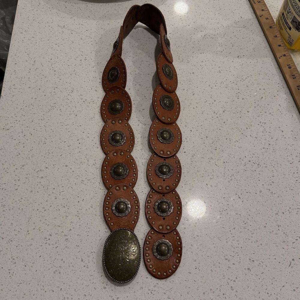 Vtg Fossil Belt Large Brown Buckle Concho Oval Studded Western Boho Cowgirl